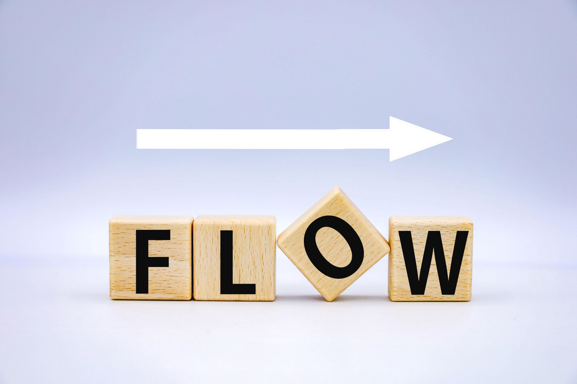 FLOWと書かれた木製ブロックと矢印で流れを表現